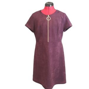 Calvin Klein Dress Women Size 14 Plum Faux Suede Short Sleeves Gold Ring Zipper